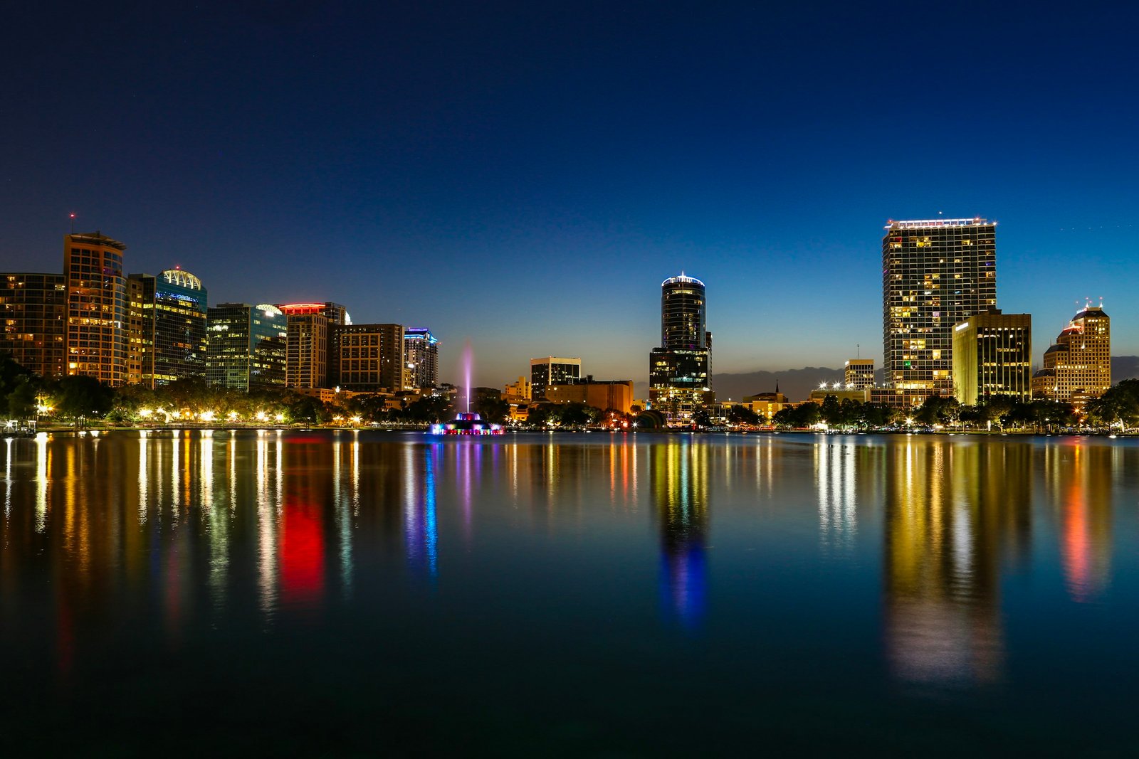 Orlando skyline at night over Lake Eola